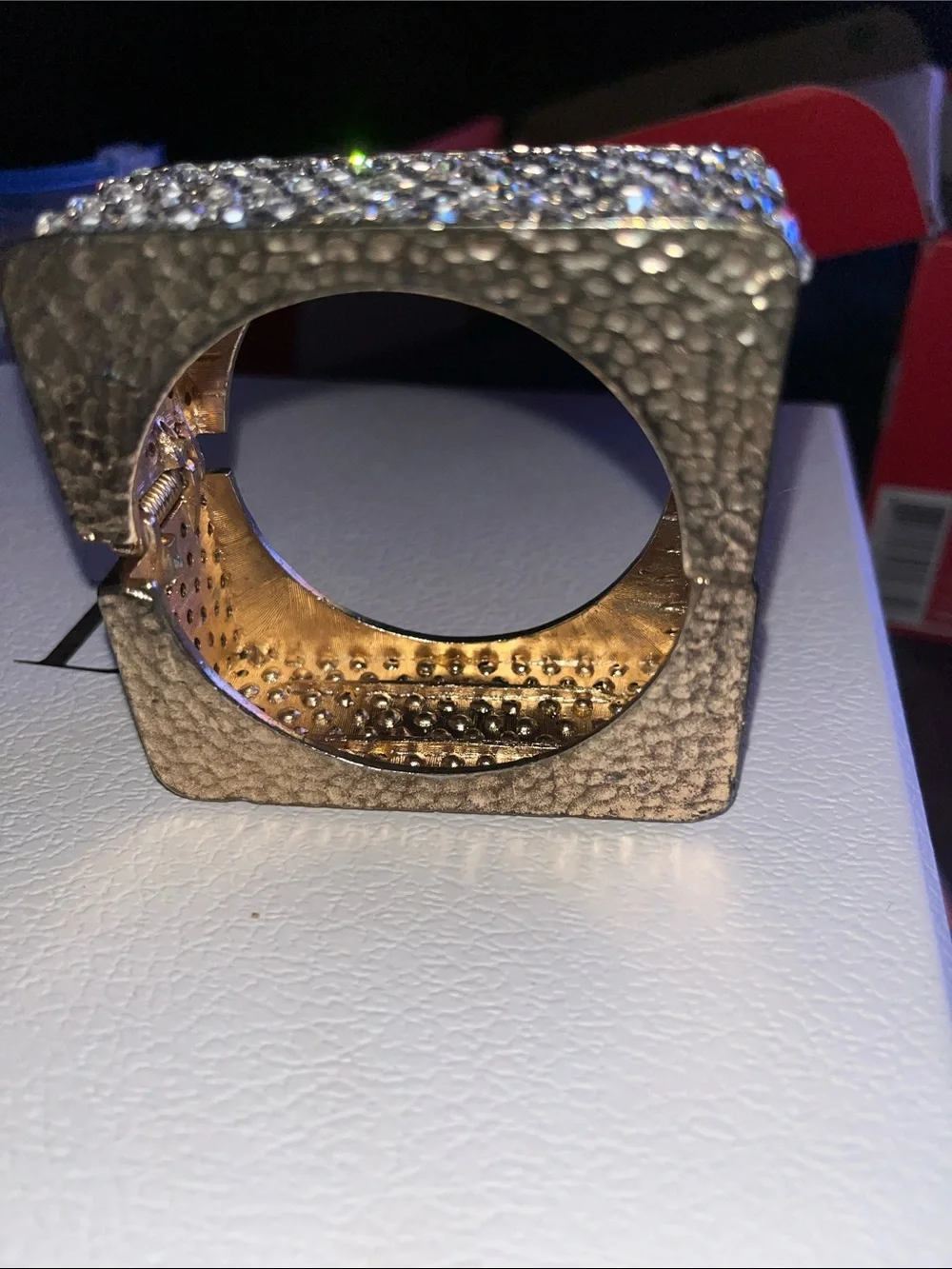 Gold-Tone Paved Crystal Square Statement Block Bracelet/Bangle- Clear Crystal